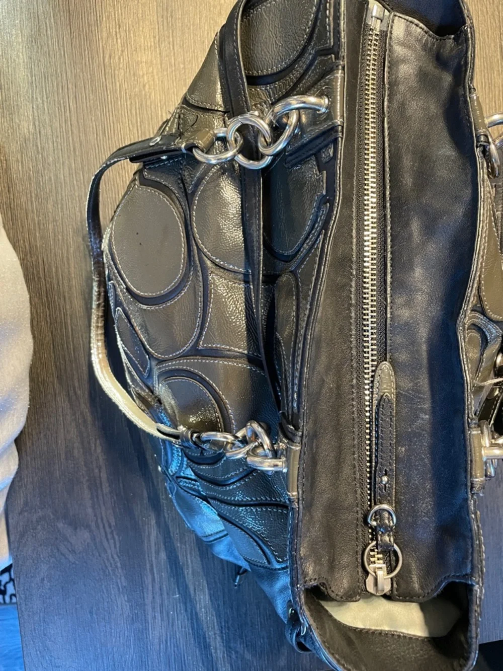 Coach Colette Black Leather Shoulder Bag with Signature Circle Appliqué